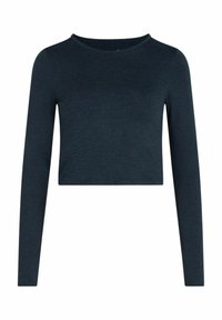 Zkrátený dlhý rukáv v tmavomodrej farbe. Vyrobený z mäkkej, textúrovanej látky s okrúhlym výstrihom a bez viditeľných zapínaní.