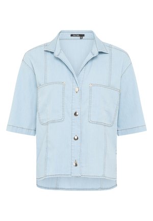 Light blue short-sleeve denim shirt with collar, silver snap buttons down front, and two large chest pockets.