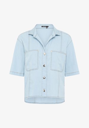 Light blue short-sleeve denim shirt with collar, silver snap buttons down front, and two large chest pockets.