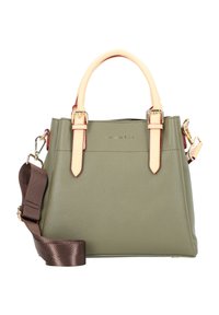 Sac à main en cuir texturé vert avec des anses beige clair et une bandoulière réglable marron. Dispose de quincaillerie dorée et d'un logo embossé subtil à l'avant.