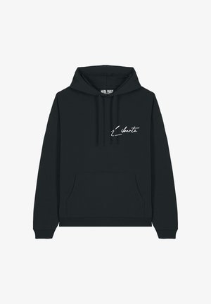 Zwarte hoodie van katoen, met een voorzak, ribgebreide manchetten en een capuchon met trekkoord. Witte scripttekst "liberté" op de borst.