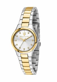 Orologio in acciaio inossidabile con quadrante argentato, dettagli dorati e indicatori in cristallo. Il bracciale bicolore presenta maglie alternate in argento e oro.