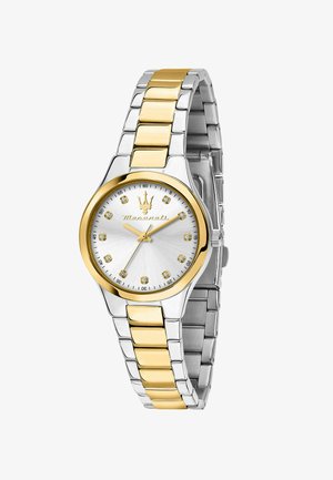 Orologio in acciaio inossidabile con quadrante argentato, dettagli dorati e indicatori in cristallo. Il bracciale bicolore presenta maglie alternate in argento e oro.