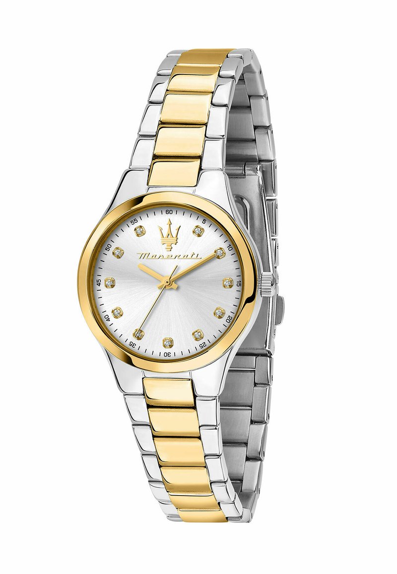 Orologio in acciaio inossidabile con quadrante argentato, dettagli dorati e indicatori in cristallo. Il bracciale bicolore presenta maglie alternate in argento e oro.