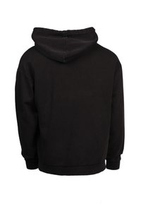 Sweat à capuche noir vu de dos, à manches longues et design uni, sur fond blanc.