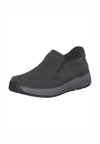 Zapatos negros de estilo slip-on con parte superior de cuero suave, costuras en contraste y suela de goma con textura para un agarre estable.