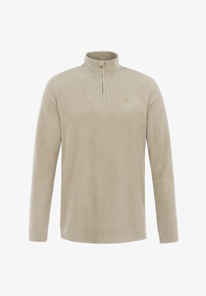 Lichtbeige fleece pullover met een halve ritssluiting, lange mouwen en een subtiel logo op de borst; zachte textuur en standaard pasvorm.