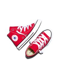Par de zapatillas Converse All Star altas rojas con cordones blancos y suelas de goma, exhibidas sobre un fondo blanco.