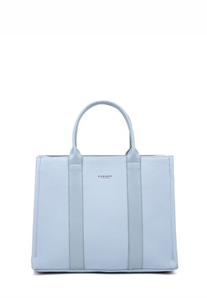 Borsa tote in pelle texturizzata blu chiaro con due manici superiori e dettaglio del logo. La borsa presenta una silhouette strutturata e un fondo piatto.