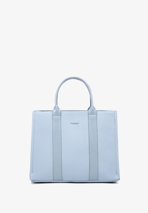 Borsa tote in pelle texturizzata blu chiaro con due manici superiori e dettaglio del logo. La borsa presenta una silhouette strutturata e un fondo piatto.