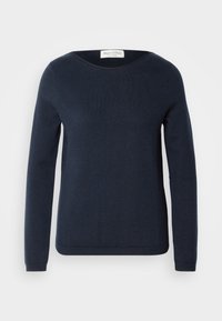 Maglione a maniche lunghe blu navy realizzato in morbido materiale a maglia. Presenta un collo rotondo e polsini e orlo a coste. Design semplice e privo di decorazioni.