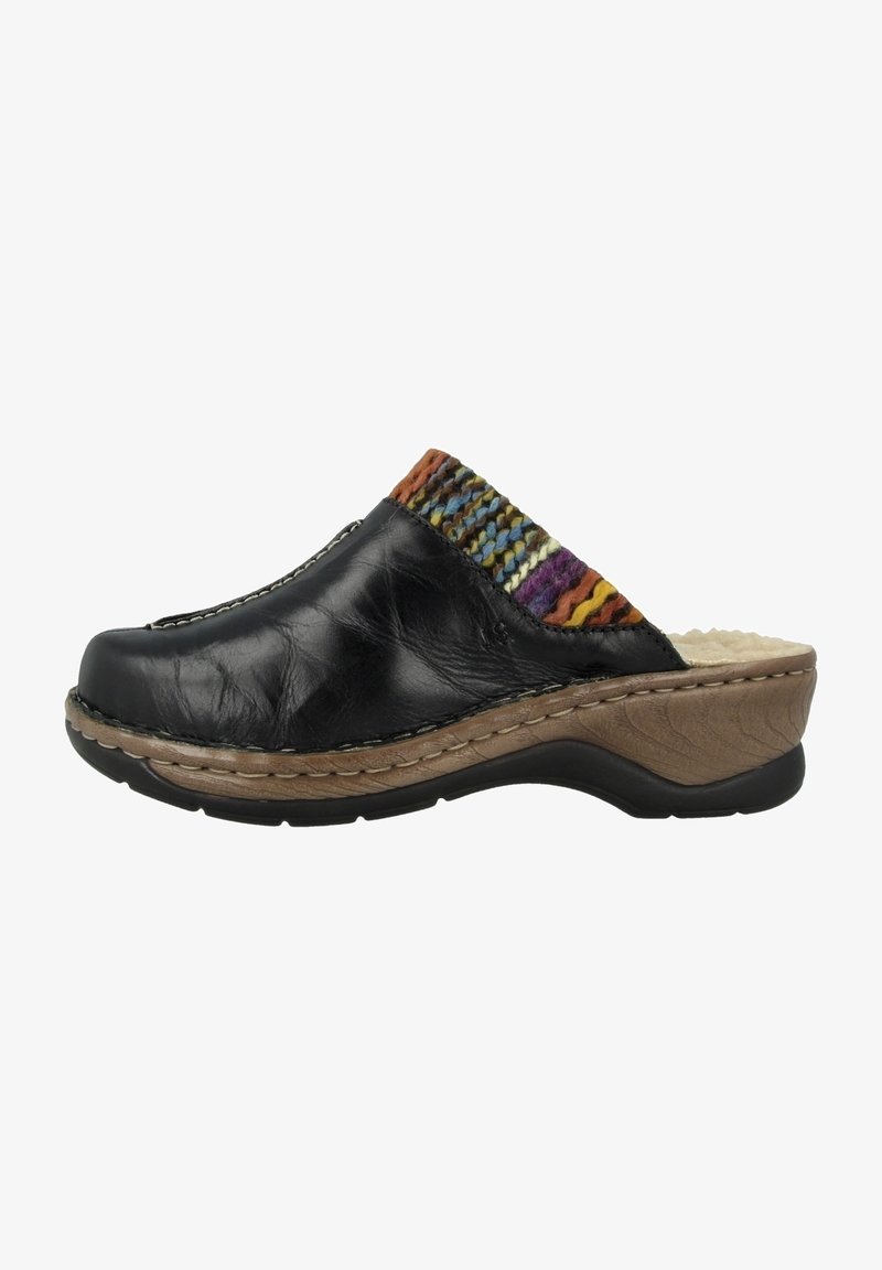Sabot en cuir noir à enfiler avec bord supérieur en maille multicolore, semelle intérieure beige rembourrée et semelle marron avec semelle extérieure noire.