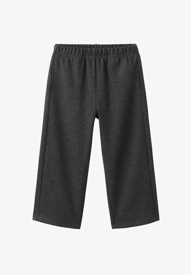 Temno siva, sproščena fit hlače iz mehke tkanine. Imajo elastičen pas in ravne noge brez vidnih žepov ali zapiranj.