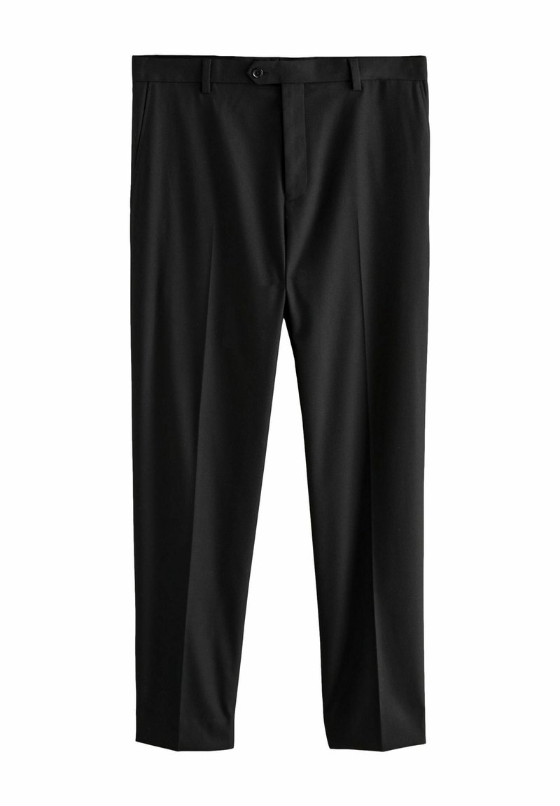 Schwarze Hose aus glattem Stoff mit taillierter Passform, ausgestattet mit einem Reißverschluss auf der Vorderseite, einem Knopfverschluss und seitlichen Taschen.