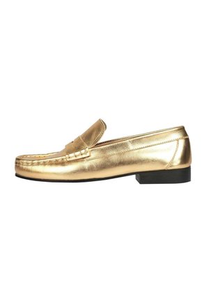 Gold leather loafers featuring a smooth texture, rounded toe, stitched detailing, and a low black heel. Classic slip-on design.