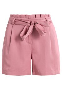 Shorts in cotone rosa con vita alta, cintura annodata, pieghe e una superficie liscia. Il design include tasche laterali.