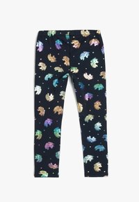 Schwarze Leggings mit einem sich wiederholenden, mehrfarbigen Einhornmuster und kleinen Herzakzenten, ausgestattet mit einem elastischen Taillenbund für zusätzlichen Komfort.