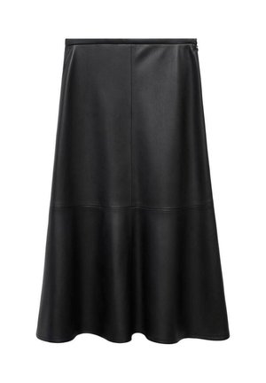 Black leather skirt, A-line shape, knee-length, smooth texture, seam details, flared hem, and invisible back zipper closure.