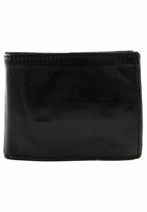 Cartera de cuero negro con una textura suave, diseño de dos pliegues, esquinas redondeadas y costuras visibles a lo largo de los bordes.