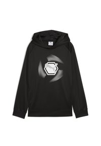 Sudadera negra con capucha hecha de una tela suave, que presenta un diseño gráfico blanco, forma hexagonal y un acento de patrón punteado.