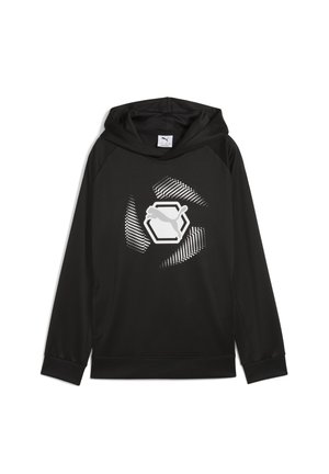Black hooded sweatshirt made of smooth fabric featuring a white graphic design, hexagonal shape, and dotted pattern accent.