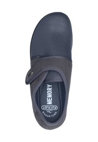 Navy blue shoe featuring a textured upper, a grey fabric strap with a round snap, and a cushioned memory foam insole. Anti-shock design.