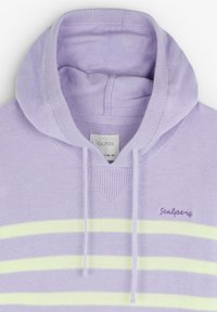 Lichtpaarse hoodie met gele strepen, trekkoorden en een geribbelde halslijn. Bevat een klein geborduurd logo rechtsonder.