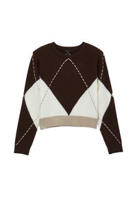 Pullover corto a rombi marrone e bianco con maniche lunghe e orlo a coste beige, caratterizzato da dettagli di cucitura diagonale beige.