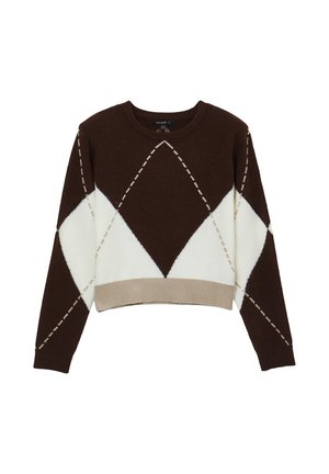 Pullover corto a rombi marrone e bianco con maniche lunghe e orlo a coste beige, caratterizzato da dettagli di cucitura diagonale beige.