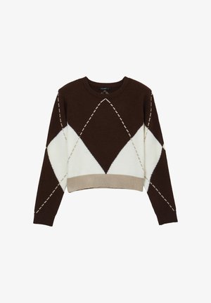 Pull cropped marron et blanc en argyle avec des manches longues et un ourlet beige côtelé, comportant des détails de couture diagonale beige.