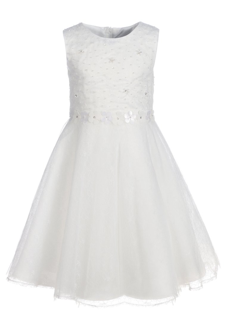 Biała sukienka bez rękawów z teksturowanym górnym stanem, ozdobiona małymi kamieniami i kwiatowymi akcentami w talii oraz z wielowarstwową spódnicą.