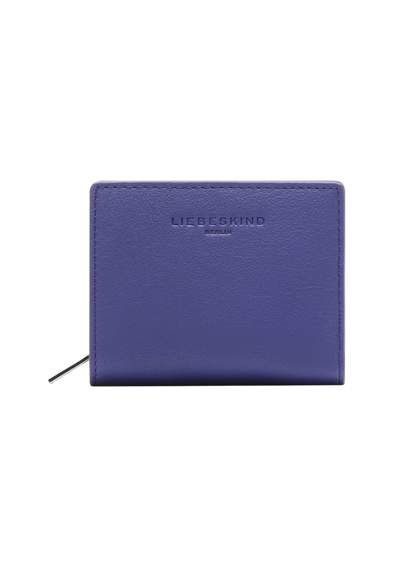 Fioletowy skórzany portfel z przeszytymi brzegami i wytłoczonym logo "Liebeskind Berlin", wyposażony w mały suwak z boku.