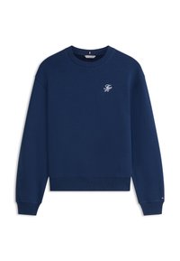 Μπλε σκούρο φούτερ από βαμβάκι, με στρογγυλή λαιμόκοψη, μακριά μανίκια, ριμπ μανσέτες και μικρό λευκό λογότυπο στο στήθος.