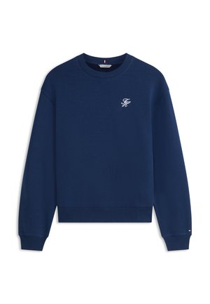 Μπλε σκούρο φούτερ από βαμβάκι, με στρογγυλή λαιμόκοψη, μακριά μανίκια, ριμπ μανσέτες και μικρό λευκό λογότυπο στο στήθος.