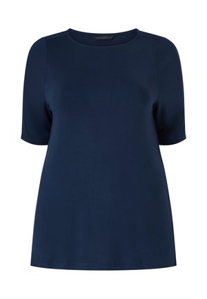Top blu navy a maniche corte realizzato in tessuto morbido, caratterizzato da un collo rotondo e una vestibilità comoda, senza motivi o accenti visibili.