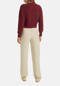 Frau in einem gekürzten kastanienbraunen Strickpullover, beigen weit geschnittenen Hosen und beigen Schuhen, die mit dem Rücken zu sehen ist, vor einem weißen Hintergrund.