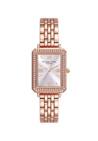 Reloj de oro rosa con esfera plateada rectangular, números romanos y acentos de cristal alrededor del bisel. Pulsera de eslabones de metal con acabado pulido.
