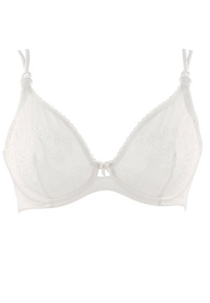 Weißer Spitzen-BH mit Bügel, floraler Stickerei, verstellbaren Doppelträgern und einer kleinen Schleifendetail in der Mitte.