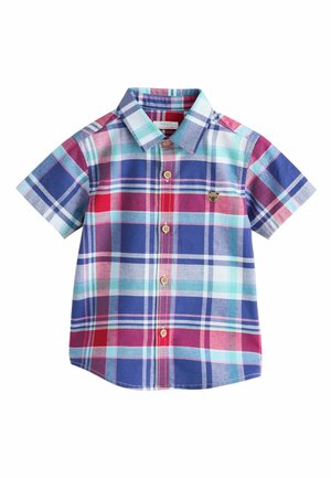Short-sleeve button-up shirt with blue, red, and teal plaid pattern and a small bear face patch on the left chest.