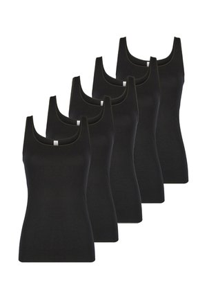 Six black sleeveless tank tops arranged in a staggered row on a white background.