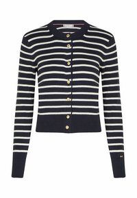 Cardigan a righe blu navy e bianche con scollatura rotonda, maniche lunghe e sei bottoni dorati sul fronte. Orlo e polsini a costine.