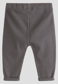 Gray ribbed pants with a soft texture, elastic waistband, and rolled cuffs. The fabric features subtle vertical stripes throughout.