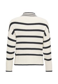 Striped sweater featuring a cream base with navy blue horizontal stripes, ribbed texture, long sleeves, and a high collar.