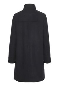 Sort uldfrakke med høj krave, lange ærmer og lige silhuet. Har en midterryg søm og ingen synlig hardware.