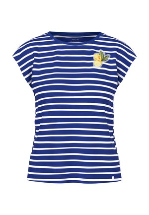 Blau-weiß gestreiftes Kurzarmoberteil mit einem kleinen gelben Zitronen-Patch und grünen Blättern auf der linken Brust.