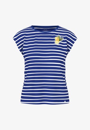 Blau-weiß gestreiftes Kurzarmoberteil mit einem kleinen gelben Zitronen-Patch und grünen Blättern auf der linken Brust.