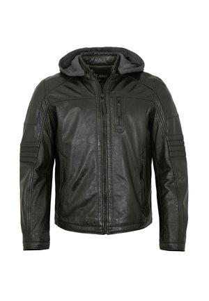 Schwarze Lederjacke mit grauer Stoffkapuze, Frontreißverschluss, Reißverschlusstasche an der Brust und gepolsterten Details an den Ärmeln.