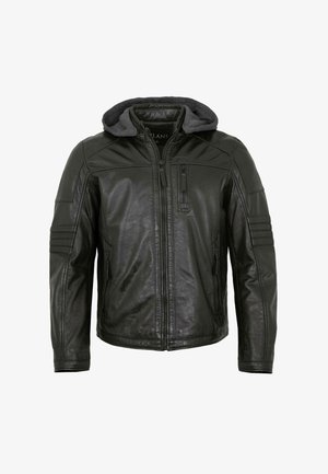 Schwarze Lederjacke mit grauer Stoffkapuze, Frontreißverschluss, Reißverschlusstasche an der Brust und gepolsterten Details an den Ärmeln.