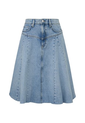 Gonna a linea A in denim azzurro chiaro con chiusura frontale con bottoni e cerniera, passanti per cintura e dettagli con cuciture inclinate.