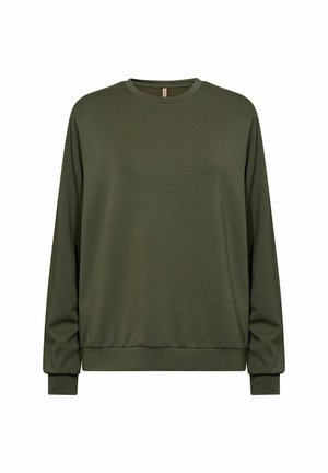 Olivově zelená mikina volného střihu, dlouhé rukávy, kulatý výstřih a vroubkované manžety a lem pro zvýšenou texturu.